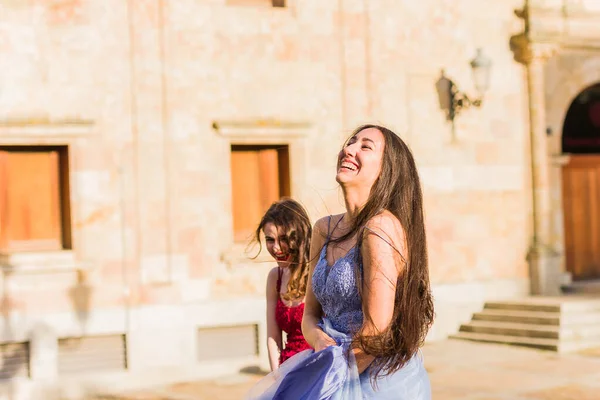 Young University Students Campus Long Dress Elegance Smiling Celebrating Achievement — Stock Photo, Image