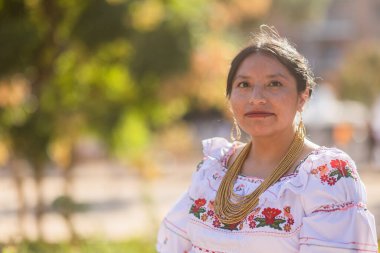 Geleneksel işlemeli kıyafetler ve altın takılar takan kendinden emin Latin bir kadın güneşli bir açık hava etkinliğinde İspanyol kültürünü kutluyor.