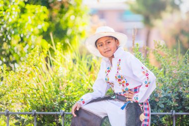 Bir geçit töreninde geleneksel And dekanı kıyafetleri giyen genç bir çocuk, ya Columbus Günü ya da Hispanik Günü olarak da bilinir.