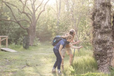 Kıdemli çift Madrid 'de bir parkta doğa yürüyüşünden ve keşiften zevk alıyor, bitkileri gözlemliyor ve sağlıklı bir yaşam tarzının tadını çıkarıyor.