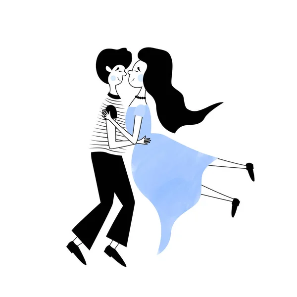 卡通夫妇在跳舞 爱情中可爱的涂鸦角色 漫画书风格的简单创意图解 一个男孩和一个女孩在跳古典舞 舞会舞蹈课的设计部分 — 图库矢量图片