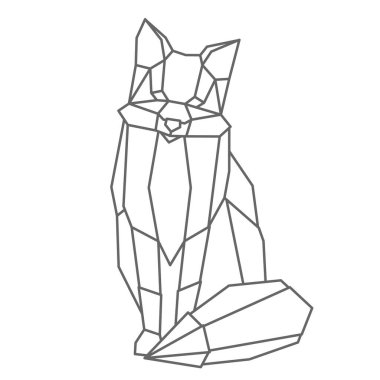 Oturan sevimli tilki. Geometrik doğrusal vahşi hayvan. Soyut minimalist illüstrasyon. Markalı ürünlerin tasarımı için modern bir klişe. Çıkartma, kıyafet baskısı, tebrik kartı için izole öge.