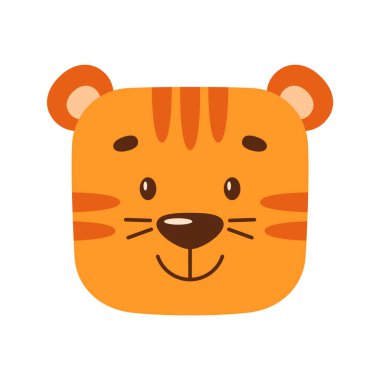 Happy face of a cartoon tiger. Kawaii illustration of a wild animal. Simple clipart for childrens design.