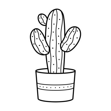 Cute cactus in a simple pot. Gardening and home hobby. A beautiful interior design element for minimalist gardening-themed logos, packaging and products. House plant in linear doodle style.