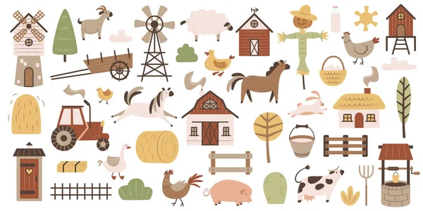 stock vector A large collection of farm or ranch objects, animals, plants and equipment. Set of cute flat elements for design. Rural lifestyle. Color simple clipart. Country household items.