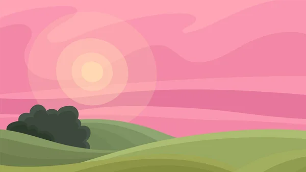 A charming rural landscape with a pink sunset or sunrise. Cartoon flat background with hills and fields. A simple minimalistic landscape. Countryside.