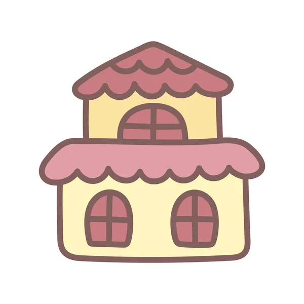 子供の落書きスタイルでかわいい黄色の2階建ての家 ピンクの屋根の小屋 赤ちゃん用品用のシンプルなフラットデザイン要素 保育ポスターのためのクリップアート — ストックベクタ