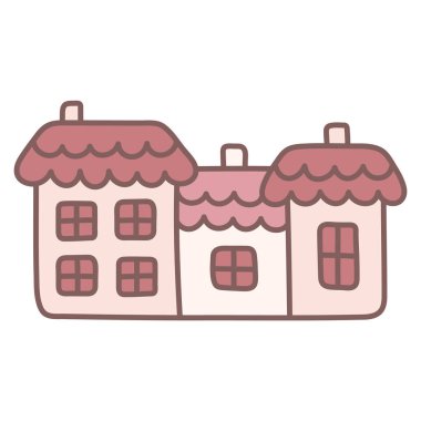 Şirin pembe karalama evi. Düz stilde basit bir izole öge. Çocuklar için Kawaii illüstrasyonu. Konforlu bir kır evi. Kırsal yaşam.