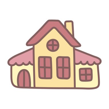 Pembe çatılı sarı bir çizgi film evi. Çocuklar için Kawaii illüstrasyonu. Bebek ürünleri, giysi, kırtasiye malzemeleri için basit bir tasarım unsuru. Doodle sanatı.