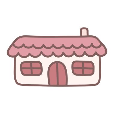 Basit pembe bir kır evi. Doodle sanatı. Çocuk tarzında hoş bir illüstrasyon. Bebek ürünleri tasarımı için Kawaii elementi. Çocuk odası posteri için izole bir yer..