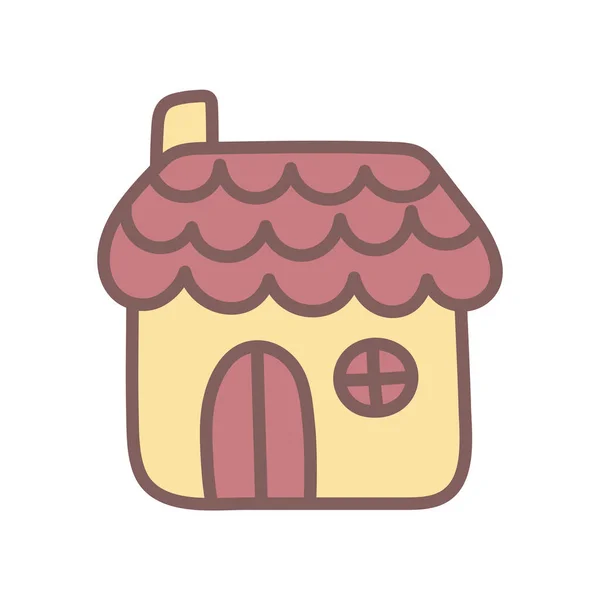 ドアスタイルでかわいい黄色の村の家 シンプルなカワイイイラスト 子供製品のためのデザイン要素 服にプリント グリーティングカードや招待状 アウトライン付きフラットクリップ — ストックベクタ