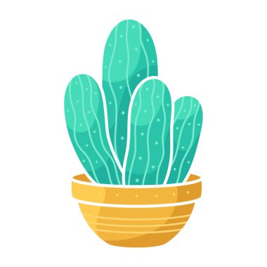 Tencerede kalın dekoratif bir kaktüs. Bir ev bitkisinin düz çizimi. Çıkartmalar, ürün ambalajları, kıyafet baskıları için güzel bir karikatür. Minimalist basit nesne.