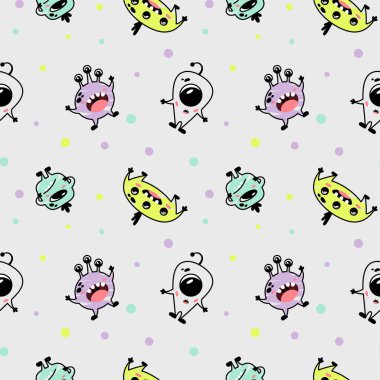 Uzaylı çocuklar için tuhaf, pürüzsüz bir düzen. Bebek odası tasarımı, erkek çocuklar için. Farklı basit sevimli canavarlar. Çocuk kıyafetleri için minimalist baskı.