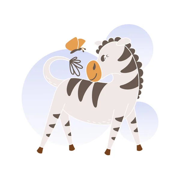 Sevimli mutlu zebra gülümsüyor. Çizgi filmdeki Afrikalı hayvan kelebeklerle oynuyor. Çocuk odası poster tasarımı için basit pastel arka plana sahip düz bir çizim. Bir kızın odasını dekore etmek için parmak izi..