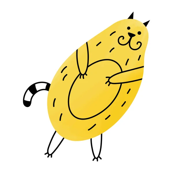 ドードルスタイルの面白いかわいい猫 奇妙なポーズのシンプルな様式化された動物 グラデーションや水彩の効果 黄色の脂肪の文字 赤ちゃんの服のデザインのためのかわいい要素 隔離された区画 — ストックベクタ