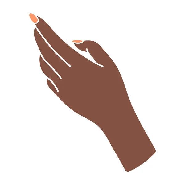 美しい女性の手は何かのために達する 黒の女性の手首と指でエレガントな腕 パームバック パースペクティブ 非言語的なジェスチャー 宝生流の繊細なイラスト スタンプアイコン — ストックベクタ
