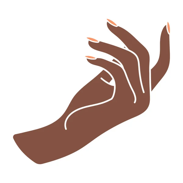 女性的手与优雅的指甲 一个黑人女人的胳膊用手势叫你自己 非语言的语言 一个向上的视角 指指点点用Boho风格精细的简约图例 — 图库矢量图片