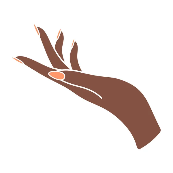 エレガントなマニキュアと女性の手 黒人女性の腕 ジェスチャーで聞いてください 言語以外の言語 パームアップ 手を取って 指を指してる Bohoスタイルの繊細なミニマリストイラスト — ストックベクタ