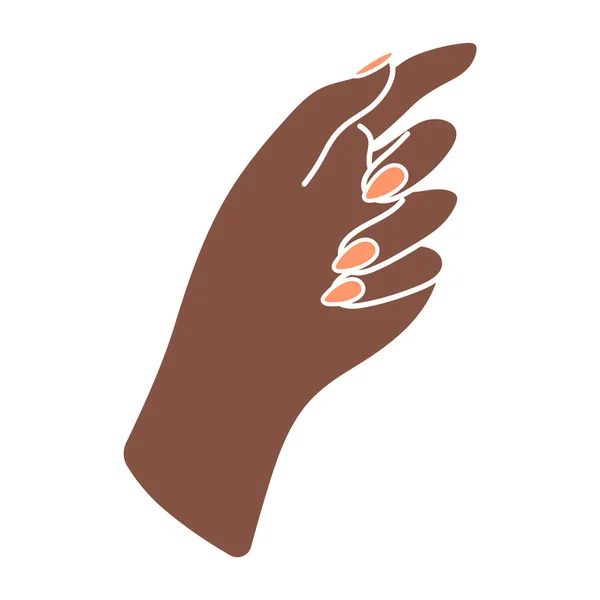 ファッショナブルなマニキュアと女性の手 手をノック 言語以外の言語 パームフォワードだ 黒人女性の腕 指を指してジェスチャー Bohoスタイルの繊細なミニマリストイラスト — ストックベクタ
