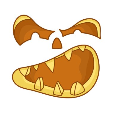 Jack Lantern 'e kızgın yüz. Surat asma. Komik bir yüz ifadesi. Kurgusal bir Cadılar Bayramı çizgi filmi karakteri. Tatil tasarımı için basit düz element. Beyaz bir arka planda izole bir klima. Çıkartmalar için.