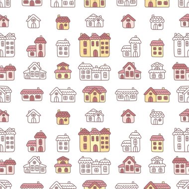 Kusursuz kasaba modeli. Sonsuz özgeçmiş ve şirin evler. Doodle sanatı. Bebek kıyafetleri, duvar kâğıdı ya da yatak örtüsü için tekrar eden basit bir baskı. Çocuk odası ya da çocuk odası tasarımı için çizimler.