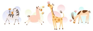 Şirin mutlu zürafa, zebra, ceylan ve lama. Çizgi film hayvanları kelebeklerle oynuyor. Çocuk odası poster tasarımı için basit bir arkaplanı olan düz bir illüstrasyon. Bebek odasını dekore etmek için yazdır.