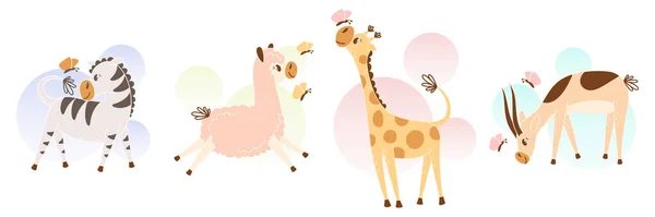 Милый Счастливый Жираф Зебра Газель Лама Мультяшные Животные Играют Бабочками — стоковый вектор
