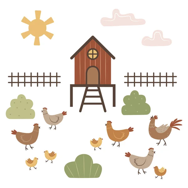 Σύνολο Αντικειμένων Και Πουλιών Πουλερικά Κότες Κόκορες Και Νεοσσούς Doodle — Διανυσματικό Αρχείο