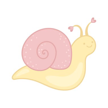 Sevimli salyangoz aşık. Pembe ve sarı renkler. Kawaii tarzında basit bir illüstrasyon. Çıktılar ve çıkartmalar için tasarım ögesi. Sevgililer Günü için Tırman.