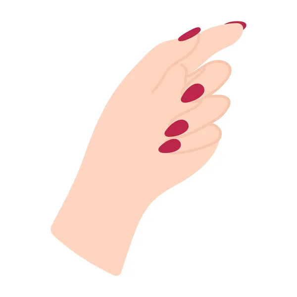 赤いマニキュアを持つ女性の手 手をノック 言語以外の言語 パームフォワードだ 白い女の腕 指を指してジェスチャー フラットスタイルで繊細なミニマリストイラスト — ストックベクタ