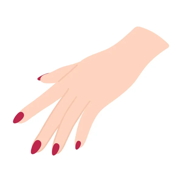 女性の手のポーズ 白い女の腕 手のひらを下に何かのために達する 手のジェスチャーやサイン 指を広げて 言語以外の言語 フラットスタイルで繊細なミニマリストイラスト — ストックベクタ