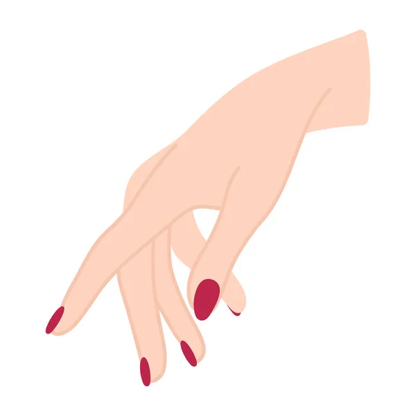 女性の手のポーズ 手のひらを下に何かのために達する 白い女の腕 手のジェスチャーやサイン 指を指してる 言語以外の言語 フラットスタイルで繊細なミニマリストイラスト — ストックベクタ