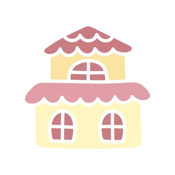 かわいいピンクと黄色い落書きの家 白い背景に隔離されたカワイベクターの平らな図 小さな美しい国小屋 シンプルな手描きのデザイン要素 — ストックベクタ
