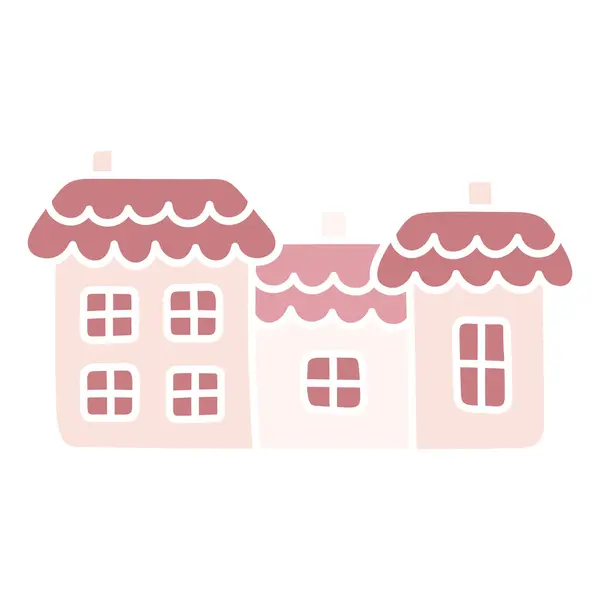 Cute Pink House Cartoon Flat Kawaii Hut Simple Hand Drawn — Stock Vector