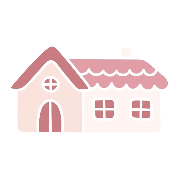 Cuki Rózsaszín Ház Rajzfilm Lapos Kawaii Kunyhó Egyszerű Kézzel Rajzolt — Stock Vector