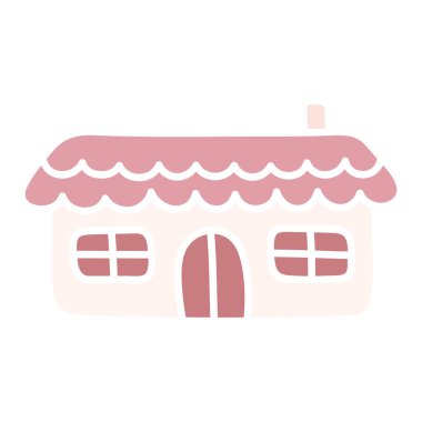 Şirin pembe bir ev. Çizgi film düz kawaii kulübesi. Basit el çizimi vektör çizimi. Doodle sanatı. Beyaz arkaplanda tırmanış izole edildi. Çocuk ürünlerinin tasarımı için grafik ögesi.