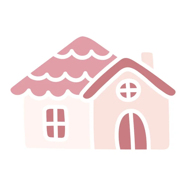 Cuki Rózsaszín Ház Rajzfilm Lapos Kawaii Kunyhó Egyszerű Kézzel Rajzolt — Stock Vector
