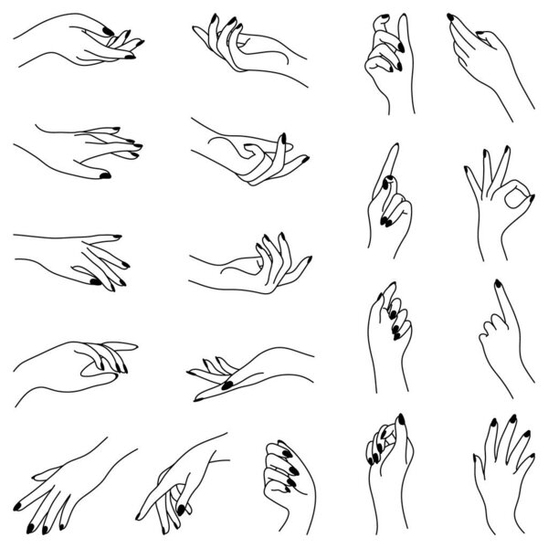 Set of graceful female hands in linear style. Collection of different gestures and poses. Non-verbal language and signs. Black minimalistic icons isolated on white background. Graphic design cliparts.