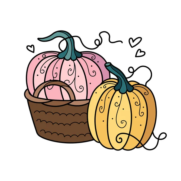 Autumn Pumpkins Ornament Basket Cute Hand Drawn Illustration Adorable Kawaii — Stock Vector