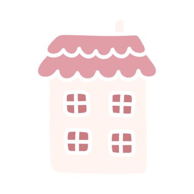 Şirin pembe bir ev. Çizgi film düz kawaii kulübesi. Basit el çizimi vektör çizimi. Doodle sanatı. Beyaz arkaplanda tırmanış izole edildi. Çocuk ürünlerinin tasarımı için grafik ögesi.