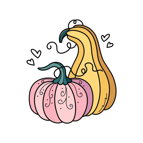 Autumn Pumpkins Cute Hand Drawn Illustration Adorable Kawaii Double Composition — Stock Vector