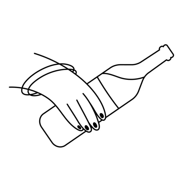 女性の手とワインのボトル アルコール中毒のイラスト メンタルヘルスの問題 手描きラインアイコン — ストックベクタ