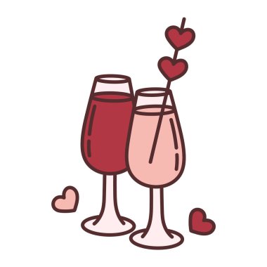 Birbirine aşık bir çift için şarap kadehi. Kawaii Sevgililer Günü için karalama simgesi
