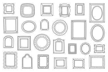 Klasik el çizimi karalama çerçeveleri ve kenarları kümesi
