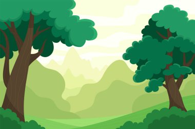 Çizgi film tarzında güzel bir yaz manzarası. Dağlar, tarlalar ve tepeler.