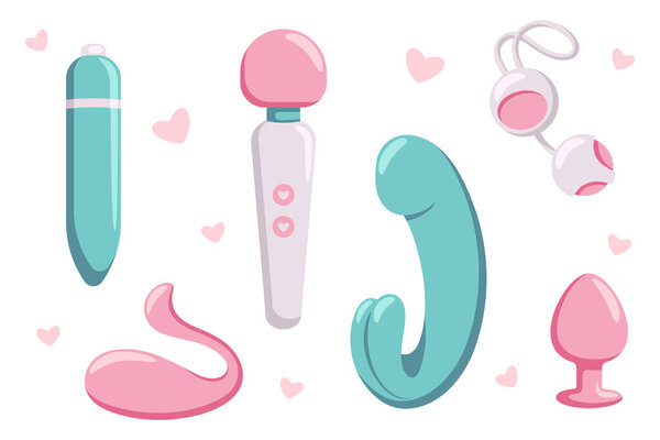 Collection of different sex toys for women and men. Cute cartoon vector objects.