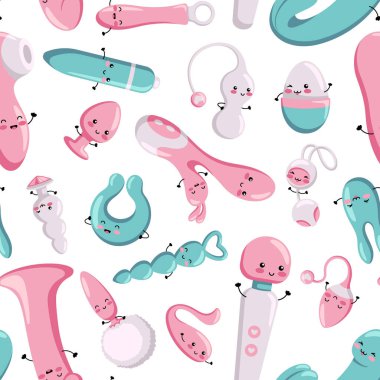 Kadınlar ve erkekler için farklı seks oyuncaklarıyla kusursuz bir düzen. Sevimli mutlu kawaii karakterleri.
