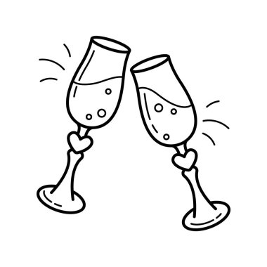 Şampanya bardakları. Düğün eşyası. Basit doğrusal çizilmiş karalama çizimi
