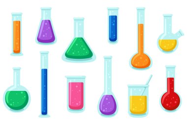 Laboratuvar şişeleri, deney tüpleri ve mataralar. Bilim ve tıp. Çizgi film düz çizimler