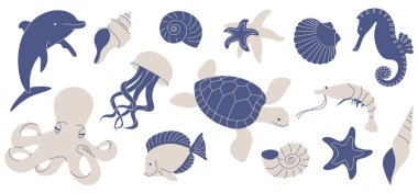 Çeşitli deniz canlıları, balıklar, hayvanlar ve su altı nesneleri içeren çizimler.